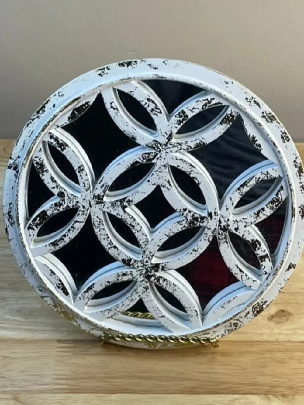 Rustic Round Wall Mirror Distressed White Gold Geometric Farmhouse 8”